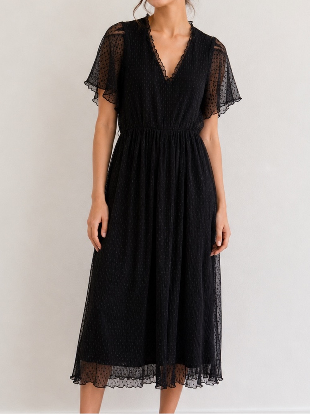 Zara Black Tulle Polka Dot Mesh Midi Dress XS